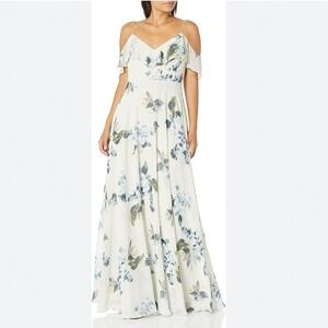 JENNY YOO Size 2 Formal Alanna Flutter Sleeve Open Back Long Floral Chiffon Gown